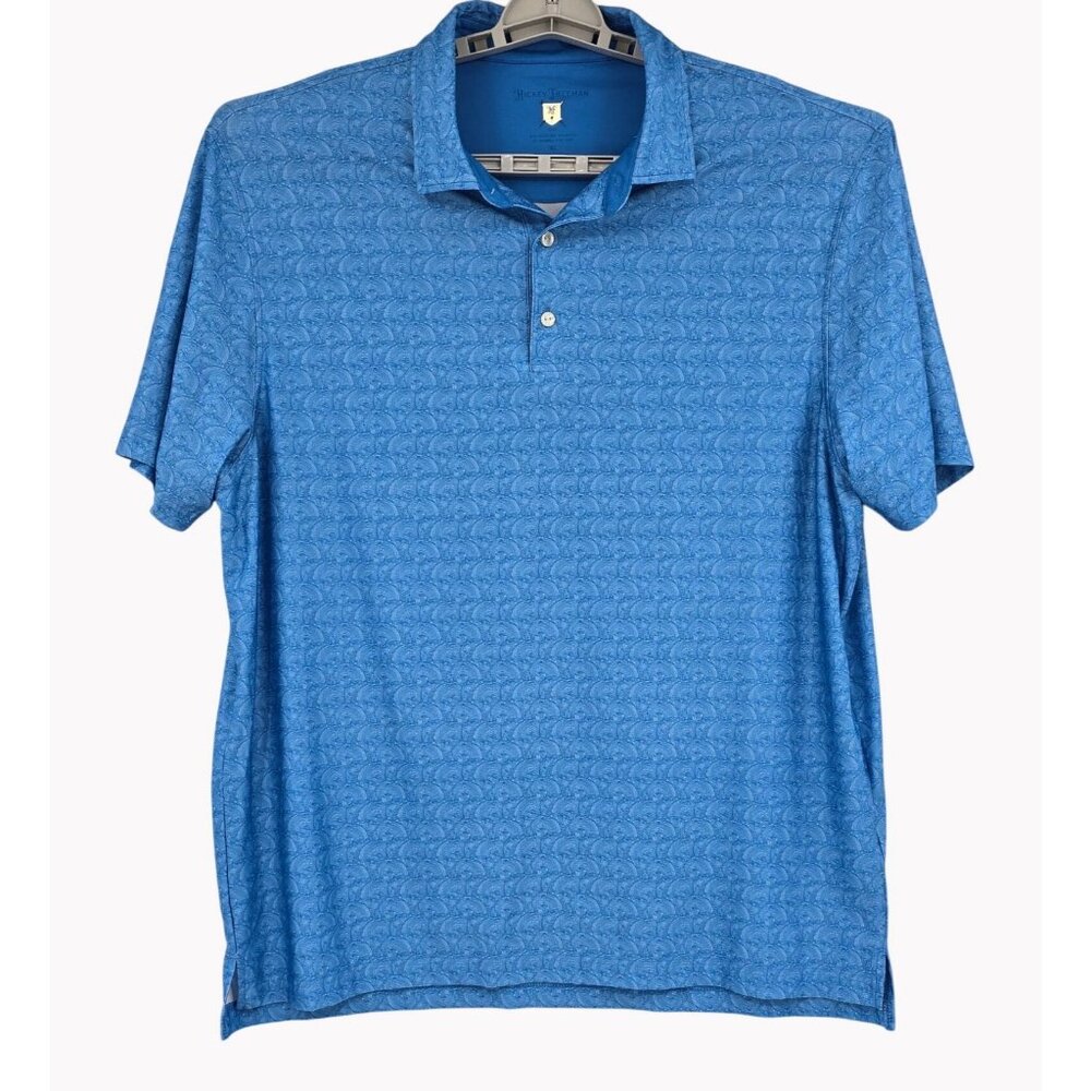 Hickey Freeman Mens XL Blue Fan Pattern Polo Shirt Poly Spandex Golf